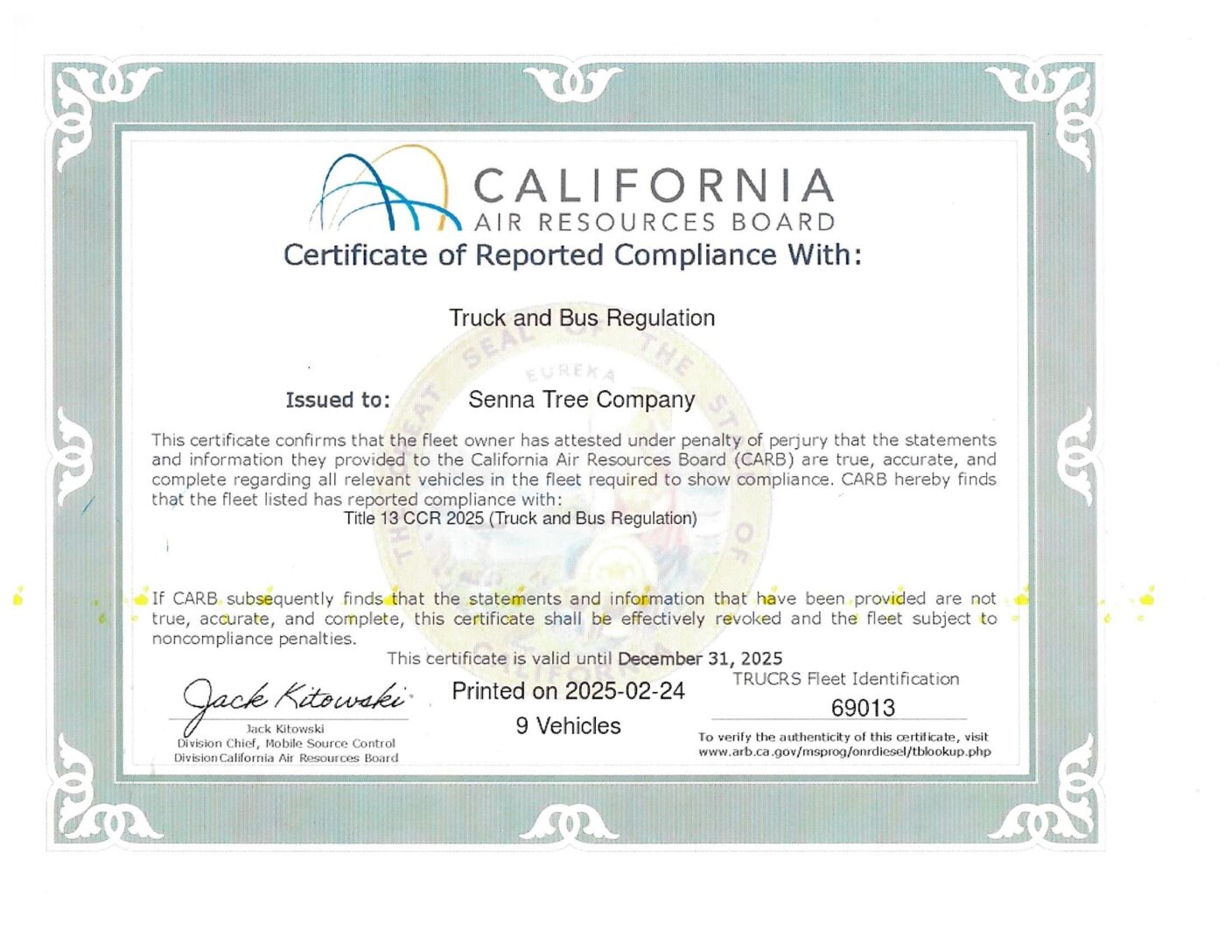 2025 Cert of Reported Compliance